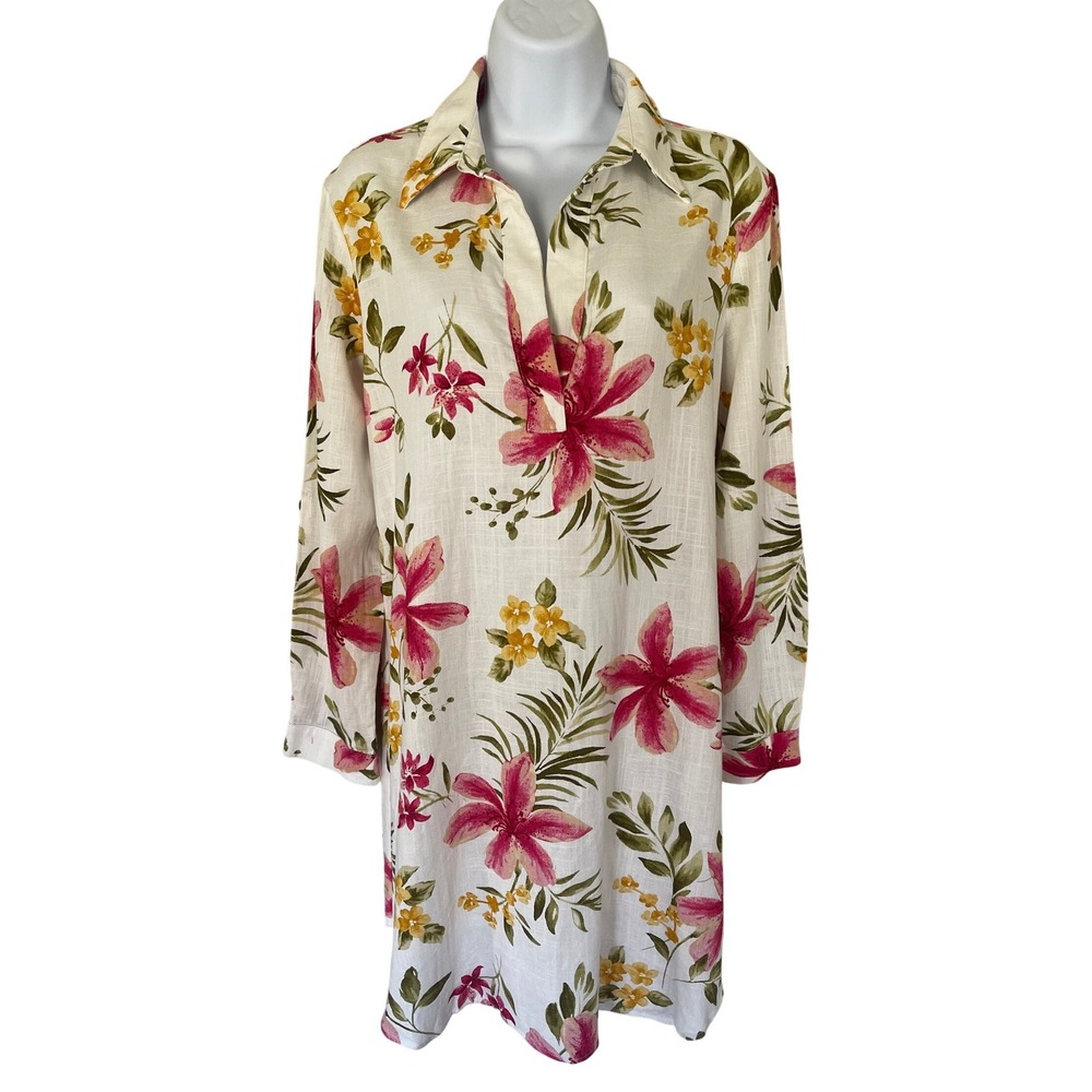 Boston Proper Floral‎ Linen Blend Long Sleeve Mini Dress Pink Yellow White S New